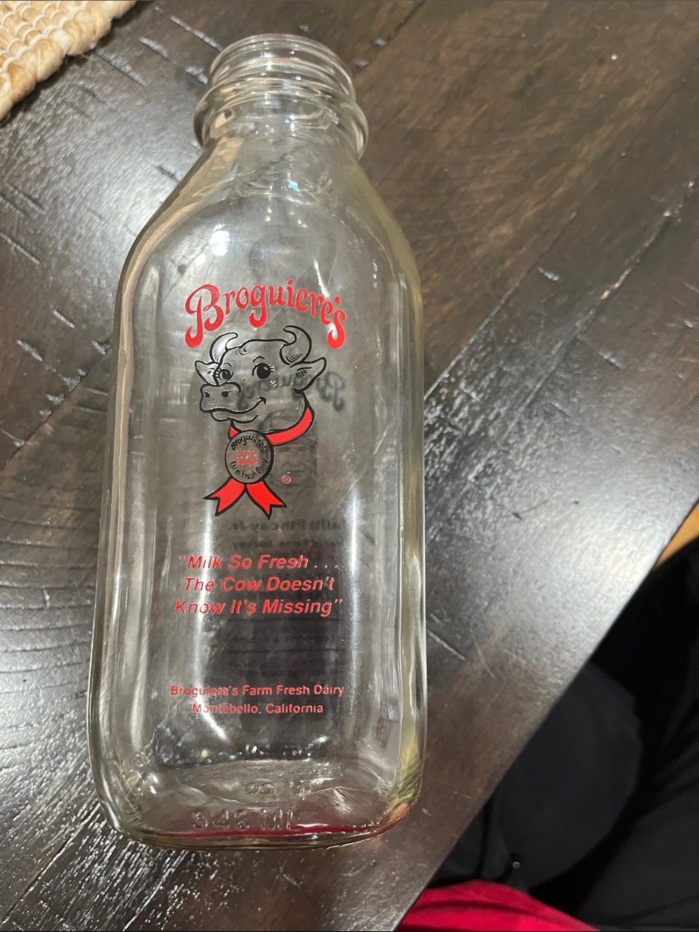 Broguieres Vintage Glass Milk Bottle with Cow Logo - Clear with Red Accents